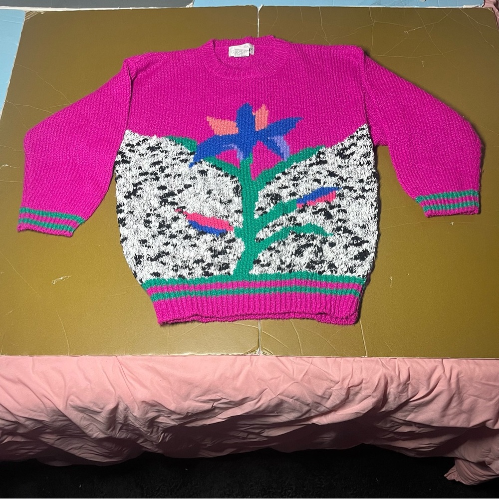 Vintage Here’s A Hug Medium Pink Flower Knit Sweater Unique Quarter Sleeve Pink